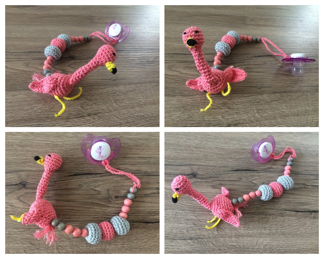 Blog-Inhaltsbild für 'Schnullerkette Flamingo Esra, kostenlose Häkelanleitung'